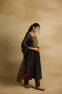 Parnika -  Charcoal mul chanderi kurta with tissue yolk, kota silk green dupatta, handcrafted ari zardozi work