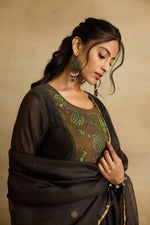 Load image into Gallery viewer, Parnika -  Charcoal mul chanderi kurta with tissue yolk, kota silk green dupatta, handcrafted ari zardozi work
