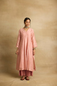 Ruhani - Soft peach chanderi A-line kurta paired with chanderi mul dupatta, hand crafted ari-zardosi embroidery