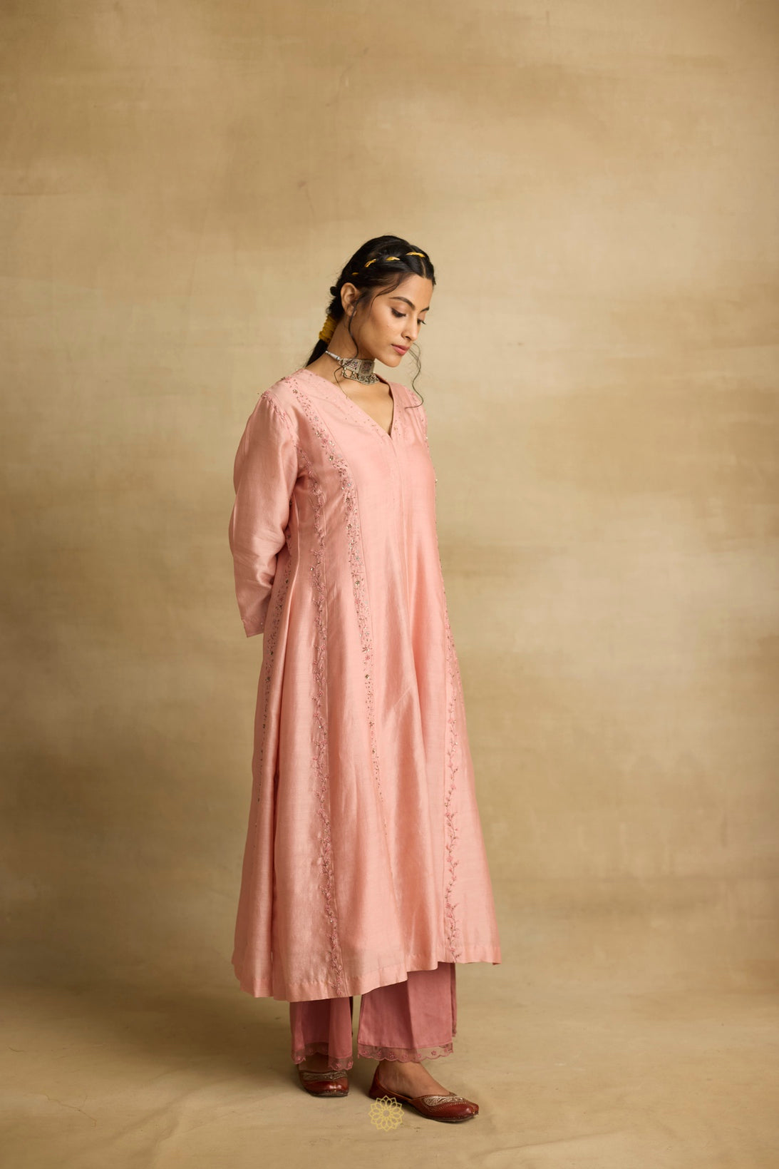 Ruhani - Soft peach chanderi A-line kurta paired with chanderi mul dupatta, hand crafted ari-zardosi embroidery
