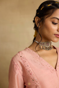 Ruhani - Soft peach chanderi A-line kurta paired with chanderi mul dupatta, hand crafted ari-zardosi embroidery