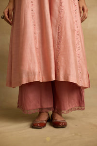 Ruhani - Soft peach chanderi A-line kurta paired with chanderi mul dupatta, hand crafted ari-zardosi embroidery