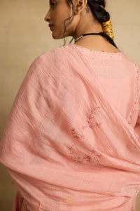 Ruhani - Soft peach chanderi A-line kurta paired with chanderi mul dupatta, hand crafted ari-zardosi embroidery