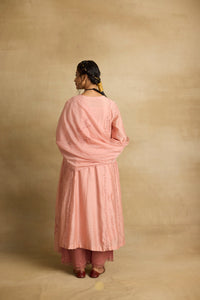 Ruhani - Soft peach chanderi A-line kurta paired with chanderi mul dupatta, hand crafted ari-zardosi embroidery