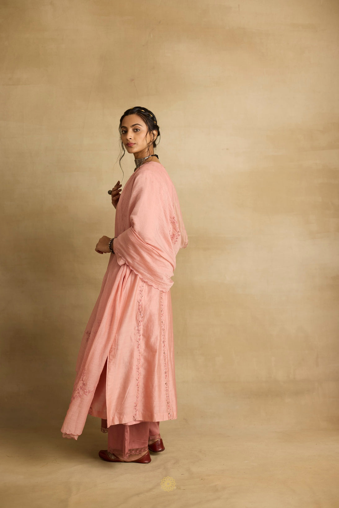 Ruhani - Soft peach chanderi A-line kurta paired with chanderi mul dupatta, hand crafted ari-zardosi embroidery