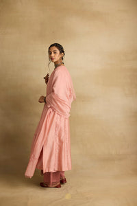 Ruhani - Soft peach chanderi A-line kurta paired with chanderi mul dupatta, hand crafted ari-zardosi embroidery