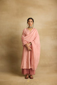 Ruhani - Soft peach chanderi A-line kurta paired with chanderi mul dupatta, hand crafted ari-zardosi embroidery