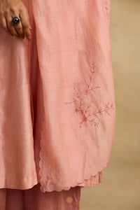 Ruhani - Soft peach chanderi A-line kurta paired with chanderi mul dupatta, hand crafted ari-zardosi embroidery