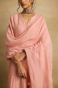 Ruhani - Soft peach chanderi A-line kurta paired with chanderi mul dupatta, hand crafted ari-zardosi embroidery