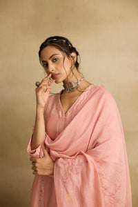 Ruhani - Soft peach chanderi A-line kurta paired with chanderi mul dupatta, hand crafted ari-zardosi embroidery