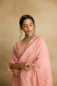 Ruhani - Soft peach chanderi A-line kurta paired with chanderi mul dupatta, hand crafted ari-zardosi embroidery