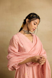 Ruhani - Soft peach chanderi A-line kurta paired with chanderi mul dupatta, hand crafted ari-zardosi embroidery