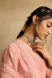 Ruhani - Soft peach chanderi A-line kurta paired with chanderi mul dupatta, hand crafted ari-zardosi embroidery