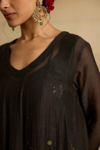 Tara - Charcoal chanderi mul gathered kurta with charcoal organza dupatta