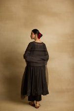 Load image into Gallery viewer, Tara - Charcoal chanderi mul gathered kurta with charcoal organza dupatta
