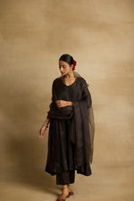 Load image into Gallery viewer, Tara - Charcoal chanderi mul gathered kurta with charcoal organza dupatta
