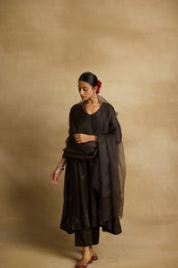 Tara - Charcoal chanderi mul gathered kurta with charcoal organza dupatta