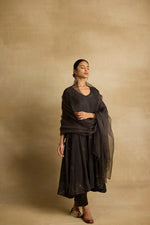 Load image into Gallery viewer, Tara - Charcoal chanderi mul gathered kurta with charcoal organza dupatta
