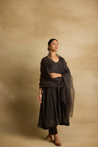 Tara - Charcoal chanderi mul gathered kurta with charcoal organza dupatta