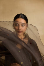 Load image into Gallery viewer, Tara - Charcoal chanderi mul gathered kurta with charcoal organza dupatta
