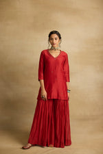 Load image into Gallery viewer, Tiya – A rust red chanderi silk sharara set, organza dupatta, handcrafted ari zardozi work
