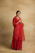 Load image into Gallery viewer, Tiya – A rust red chanderi silk sharara set, organza dupatta, handcrafted ari zardozi work
