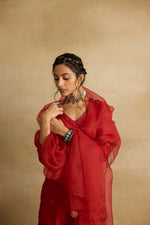 Load image into Gallery viewer, Tiya – A rust red chanderi silk sharara set, organza dupatta, handcrafted ari zardozi work
