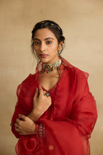 Load image into Gallery viewer, Tiya – A rust red chanderi silk sharara set, organza dupatta, handcrafted ari zardozi work
