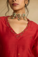 Load image into Gallery viewer, Tiya – A rust red chanderi silk sharara set, organza dupatta, handcrafted ari zardozi work
