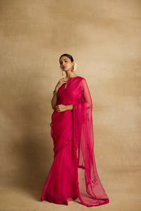 Ziya - Rani pink orgaza sari with floral ari and zarsodi work