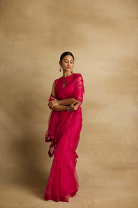 Ziya - Rani pink orgaza sari with floral ari and zarsodi work