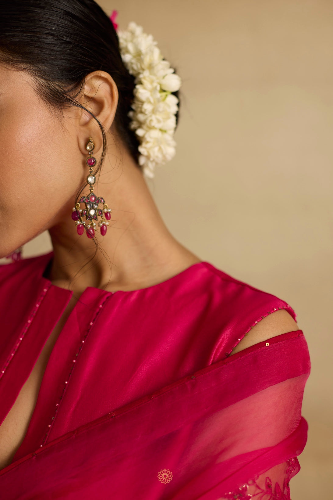 Ziya - Rani pink orgaza sari with floral ari and zarsodi work
