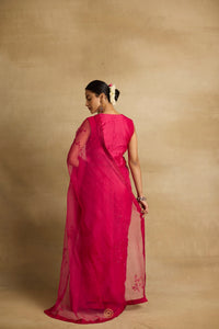 Ziya - Rani pink orgaza sari with floral ari and zarsodi work