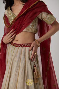 Kashvi - A soft gold benarasi handcrafted silk tissue lehenga and benarasi silk tissue blouse