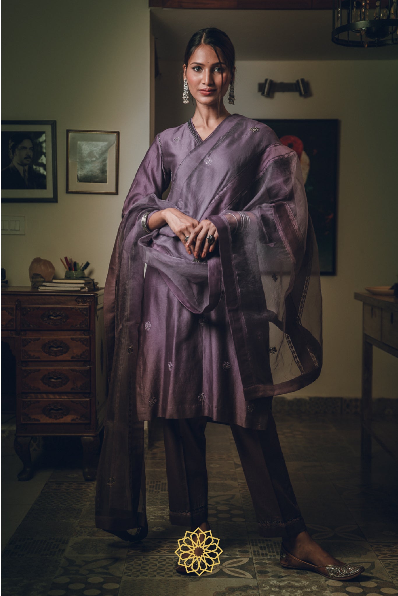 LAVENDER EMBROIDERED CHANDERI KURTA SET