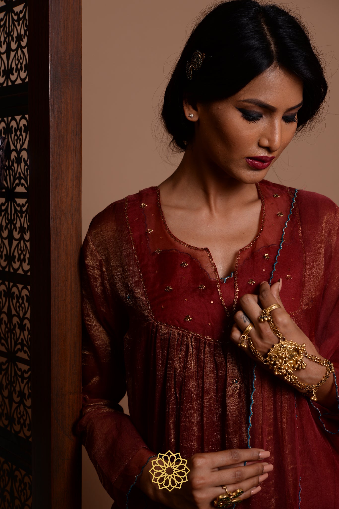 MERLOT TISSUE CHANDERI KURTA SET