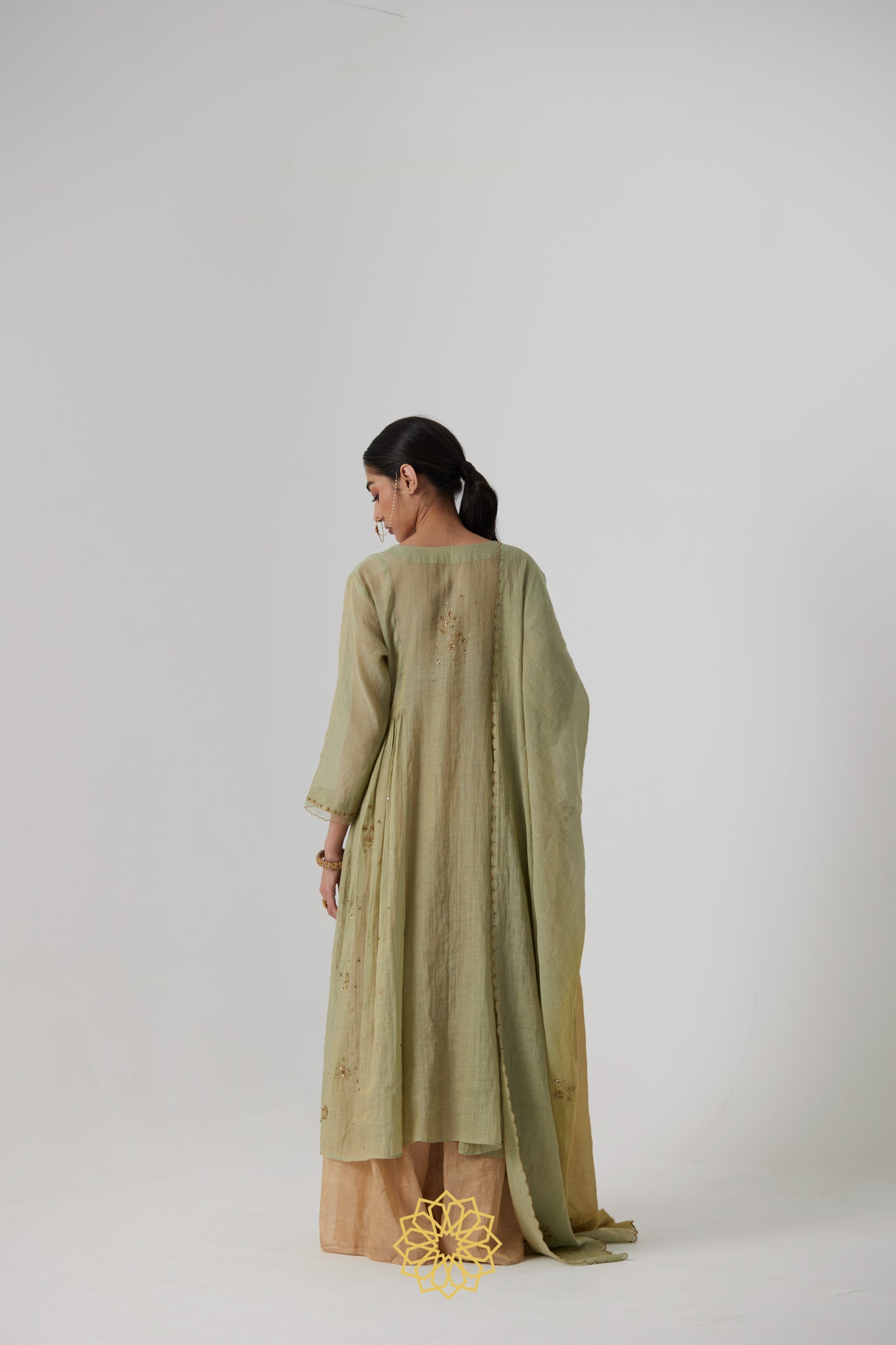 Mihika - Pastel green handcrafted gathered kurta with benarasi gold tissue sharara