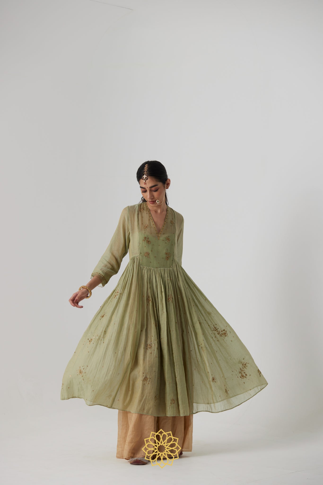 Mihika - Pastel green handcrafted gathered kurta with benarasi gold tissue sharara