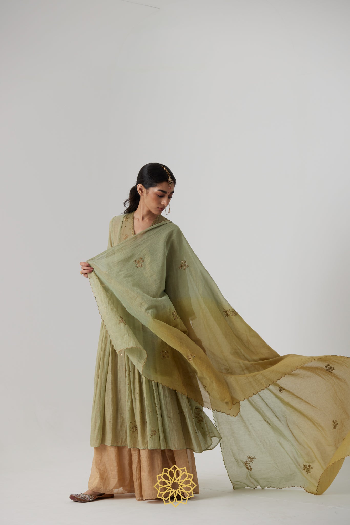 Mihika - Pastel green handcrafted gathered kurta with benarasi gold tissue sharara