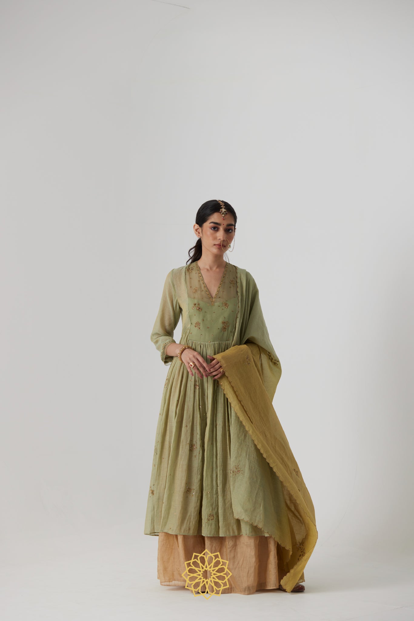 Mihika - Pastel green handcrafted gathered kurta with benarasi gold tissue sharara