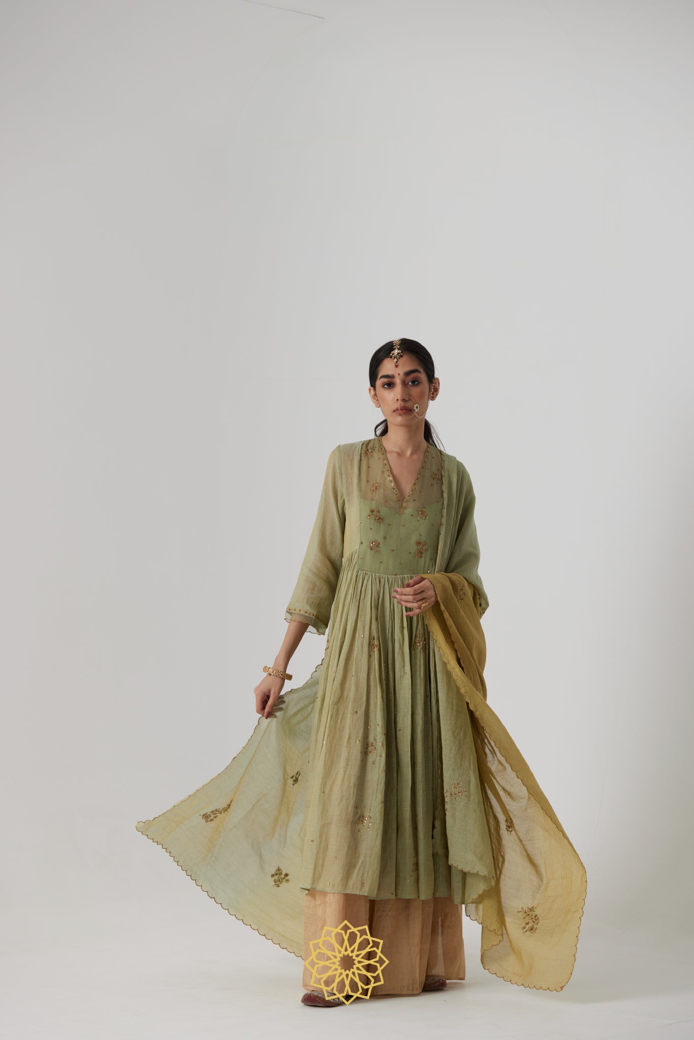 Mihika - Pastel green handcrafted gathered kurta with benarasi gold tissue sharara