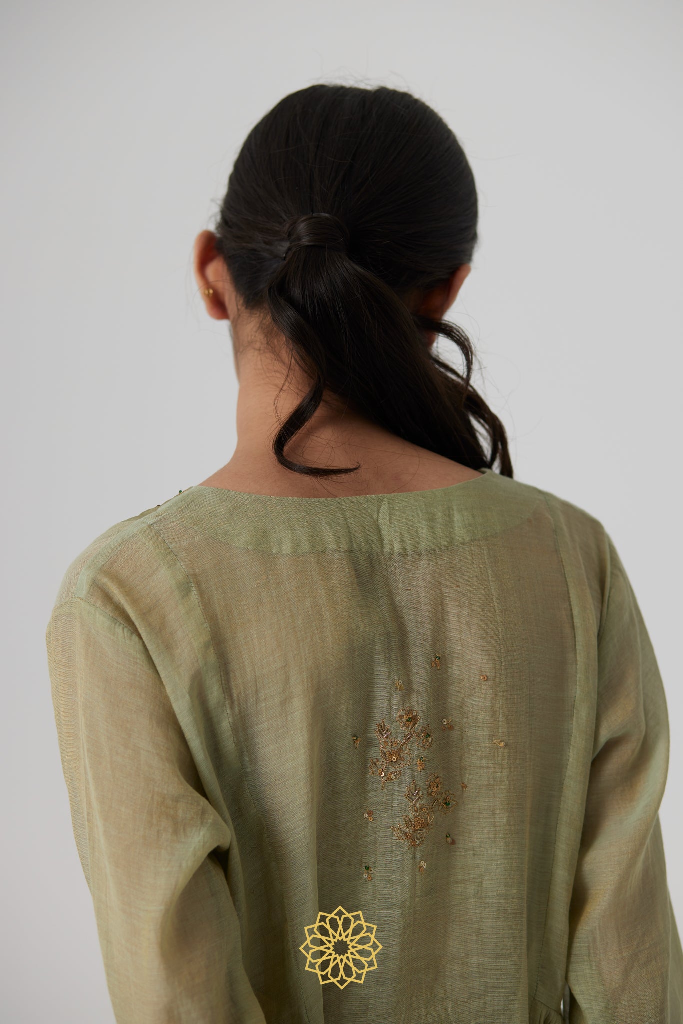 Mihika - Pastel green handcrafted gathered kurta with benarasi gold tissue sharara