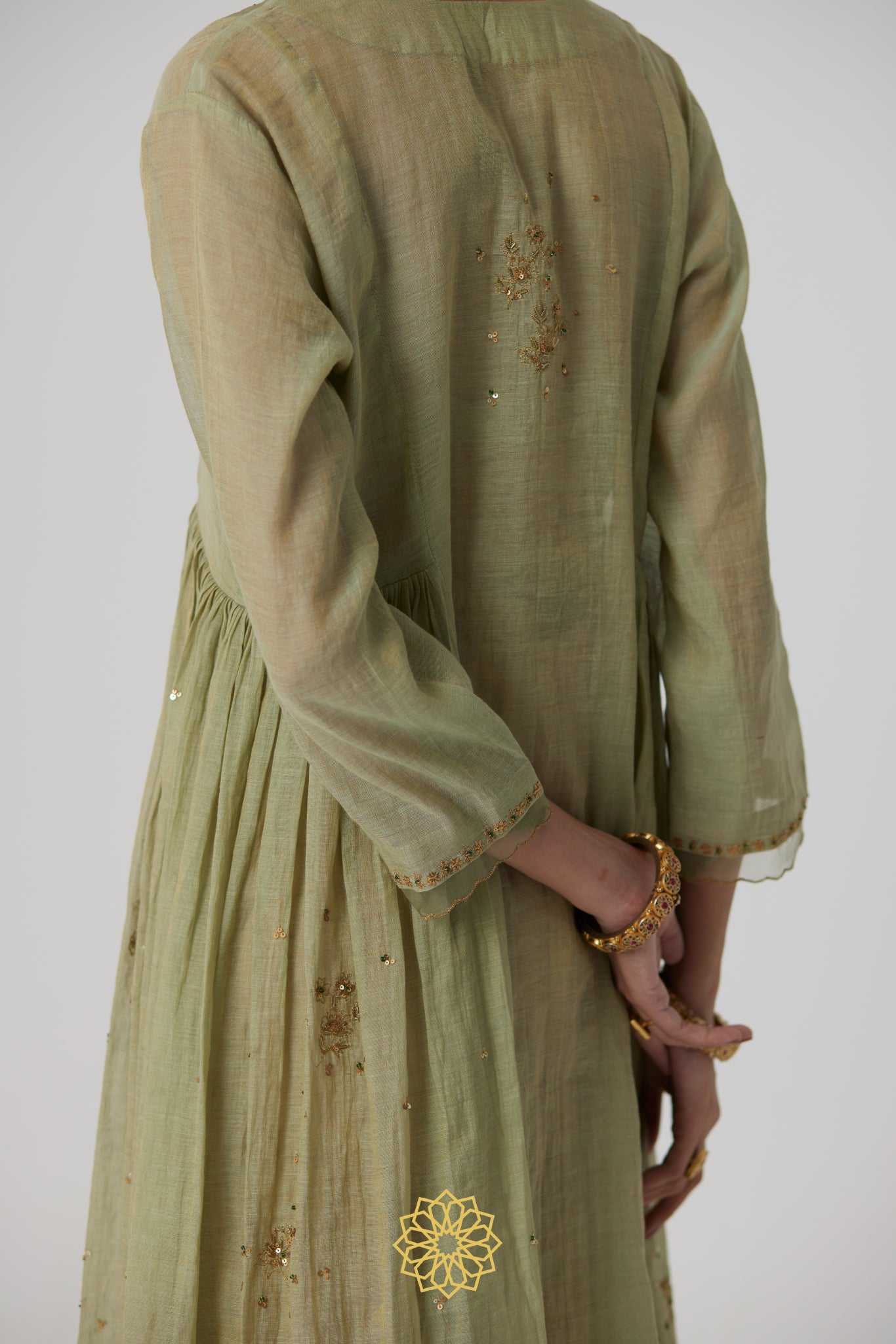 Mihika - Pastel green handcrafted gathered kurta with benarasi gold tissue sharara