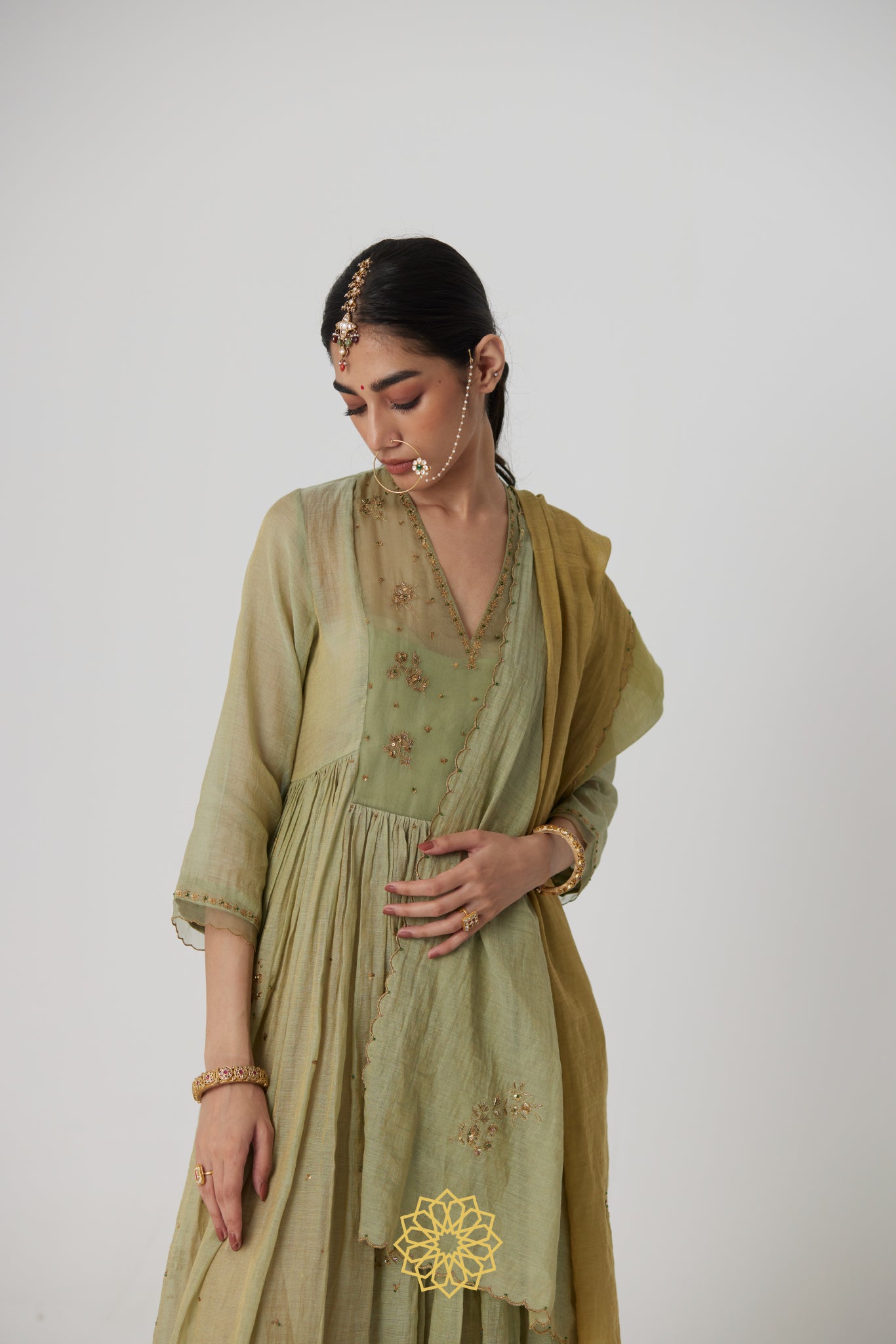 Mihika - Pastel green handcrafted gathered kurta with benarasi gold tissue sharara