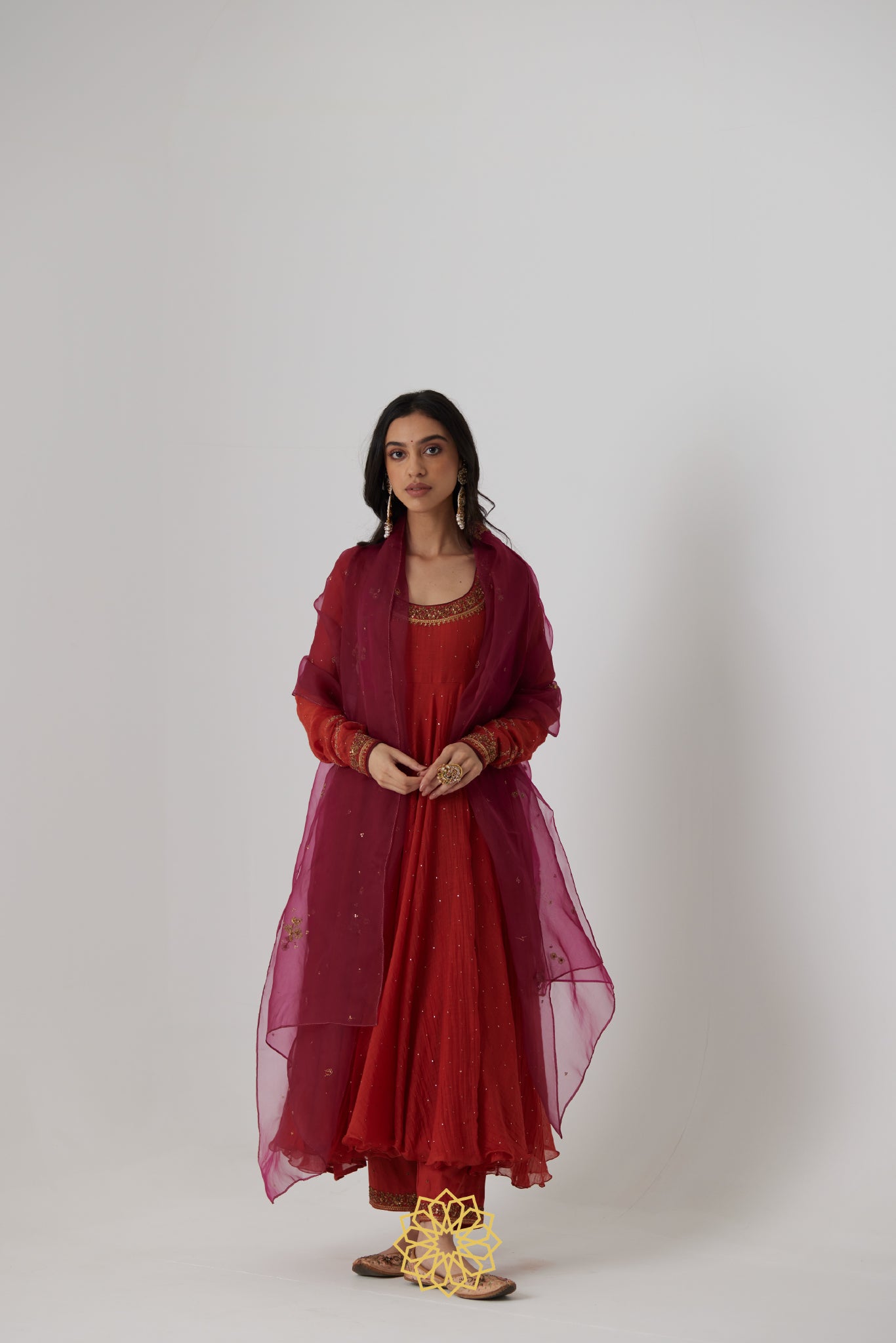 Mitali - A Reddish orange hand embroidered mukaish chanderi anarkali
