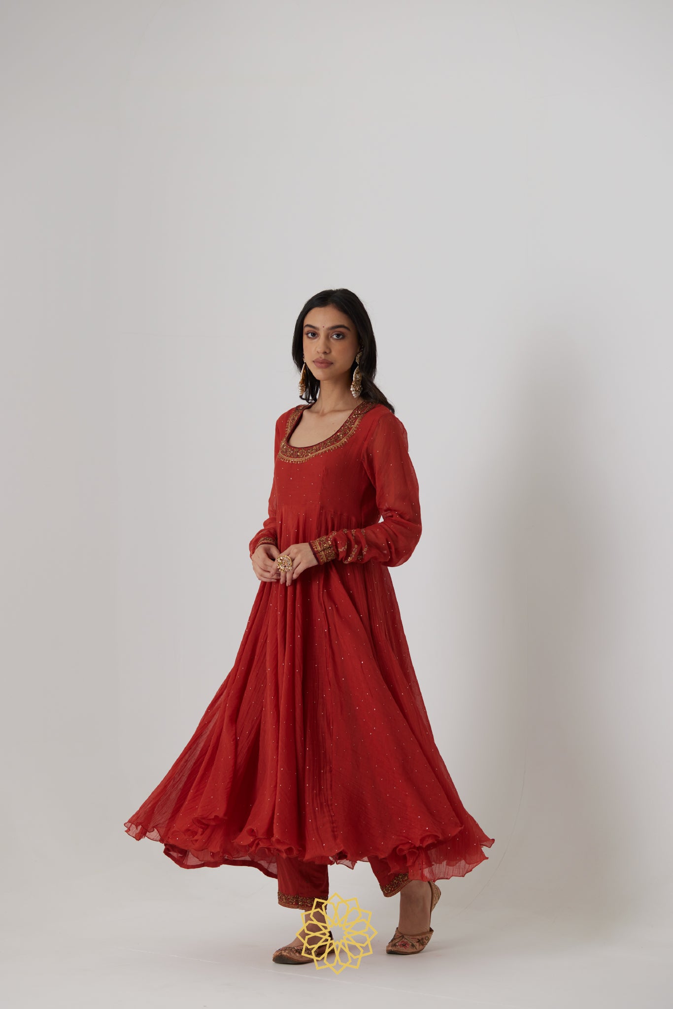 Mitali - A Reddish orange hand embroidered mukaish chanderi anarkali