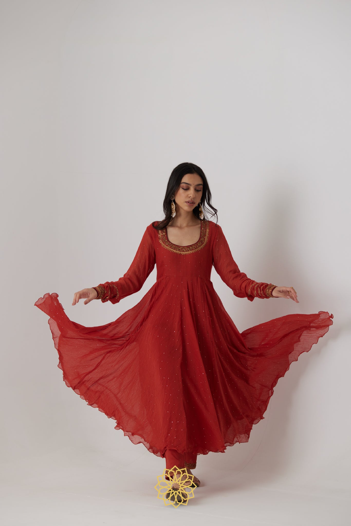 Mitali - A Reddish orange hand embroidered mukaish chanderi anarkali