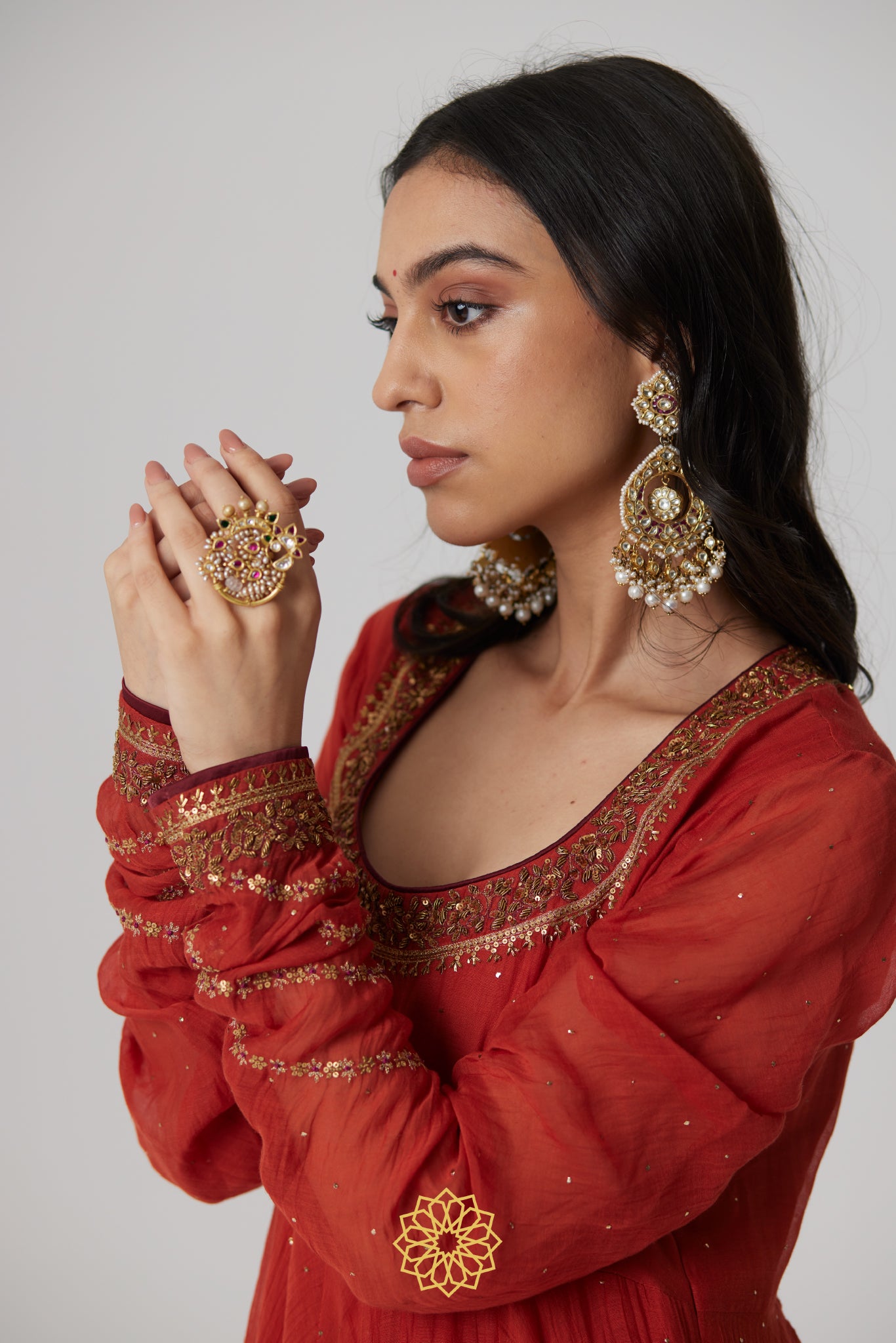 Mitali - A Reddish orange hand embroidered mukaish chanderi anarkali