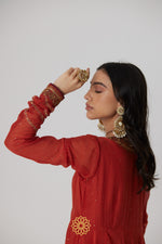 Load image into Gallery viewer, Mitali - A Reddish orange hand embroidered mukaish chanderi anarkali
