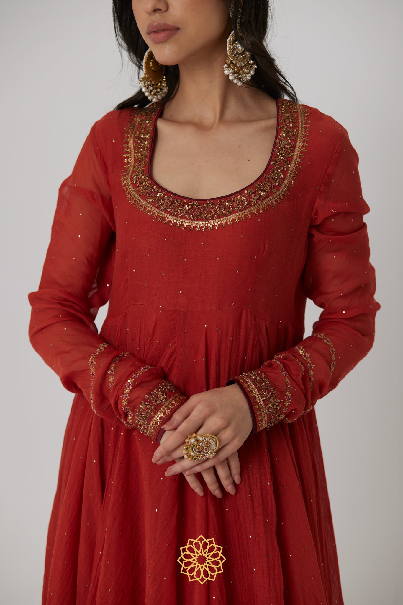 Mitali - A Reddish orange hand embroidered mukaish chanderi anarkali